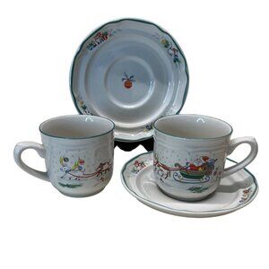 2 International Country Christmas Coffee Cup & Saucer Sets Santa Sleigh Cow Pig
